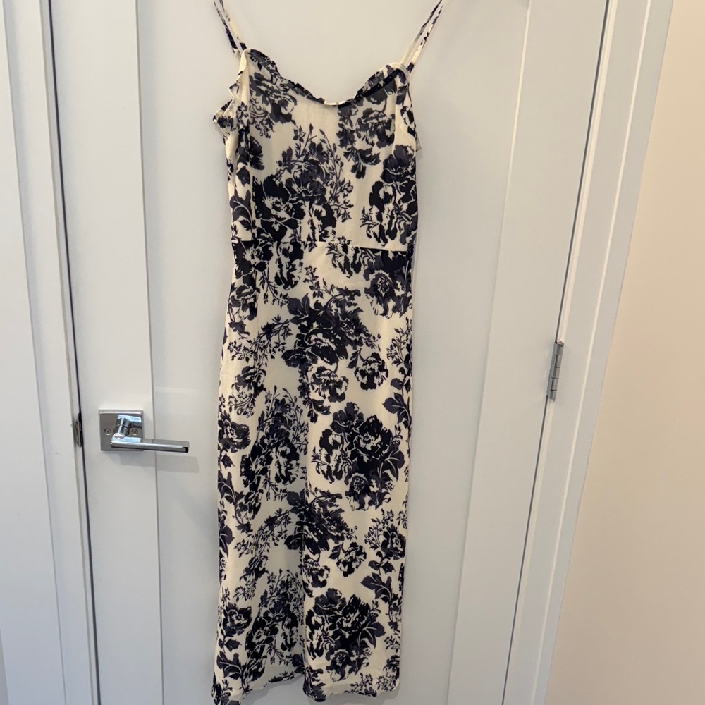 Reformation Cassandra Dress in Madam - Cream and Dark Blue Floral Midi Dress